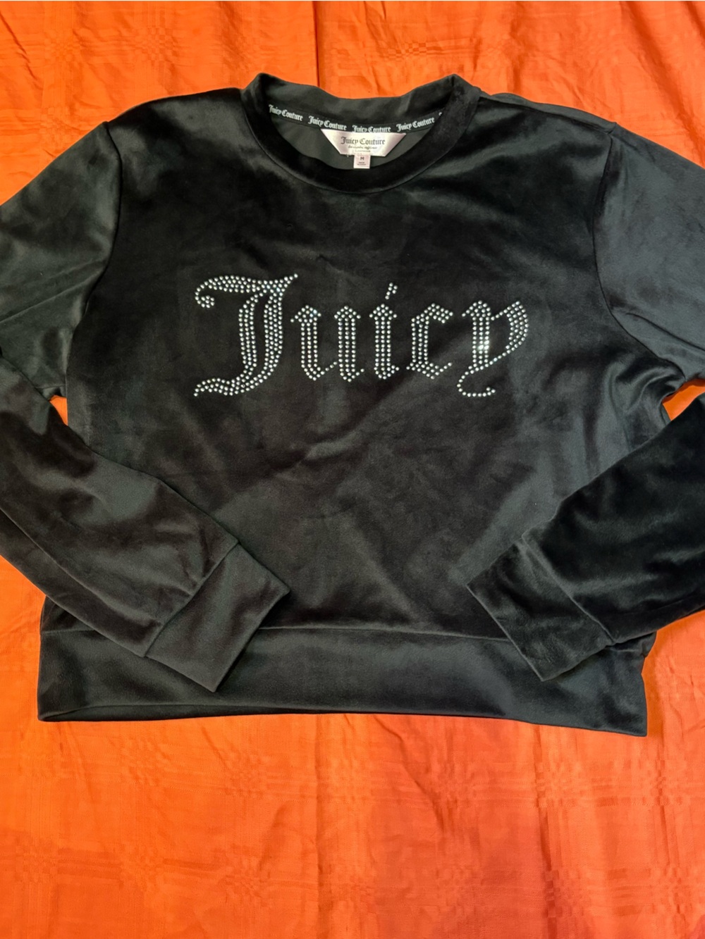 Juicy Couture Womens Black Rhinestone Script Logo Sweatshirt